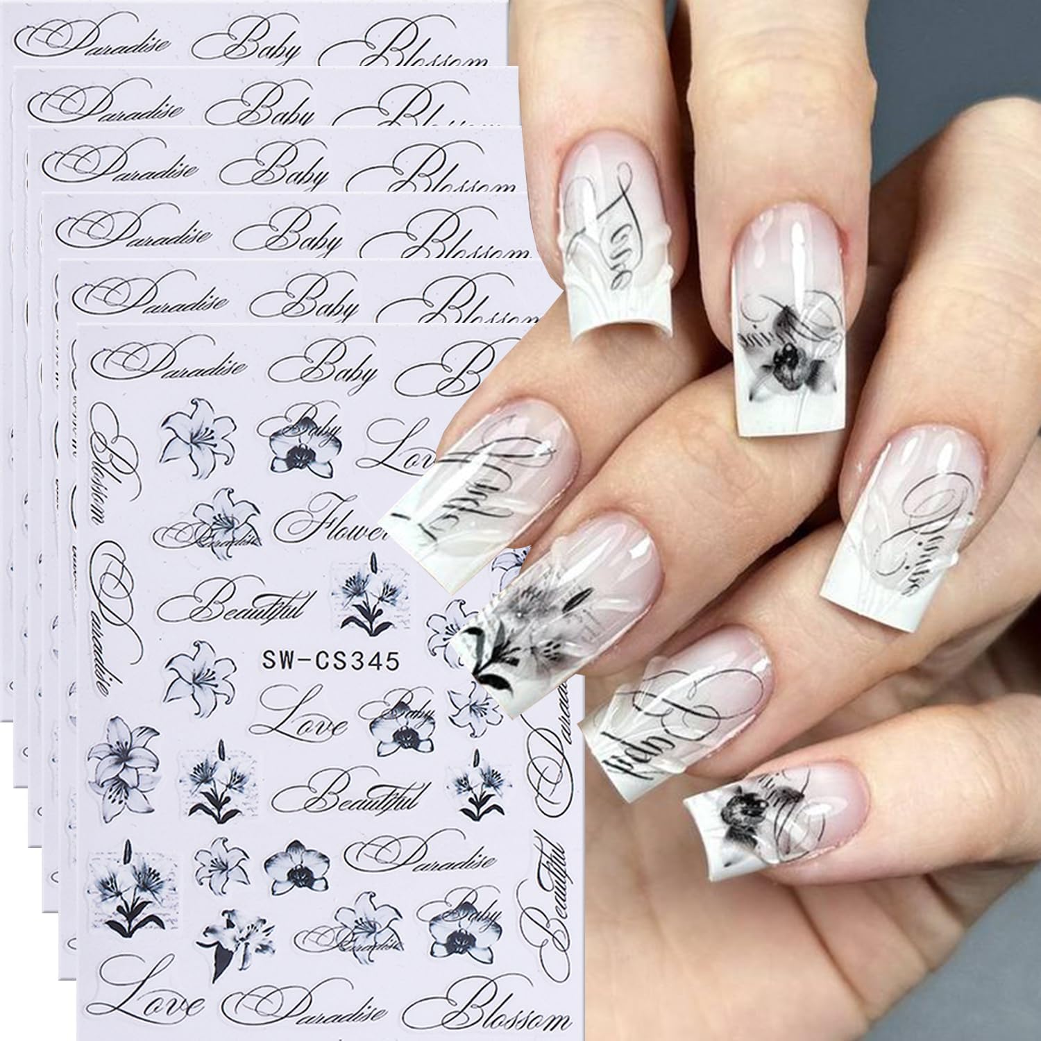 6 sheets black and white 3D embossed nail stickers with floral and letter patterns - 2