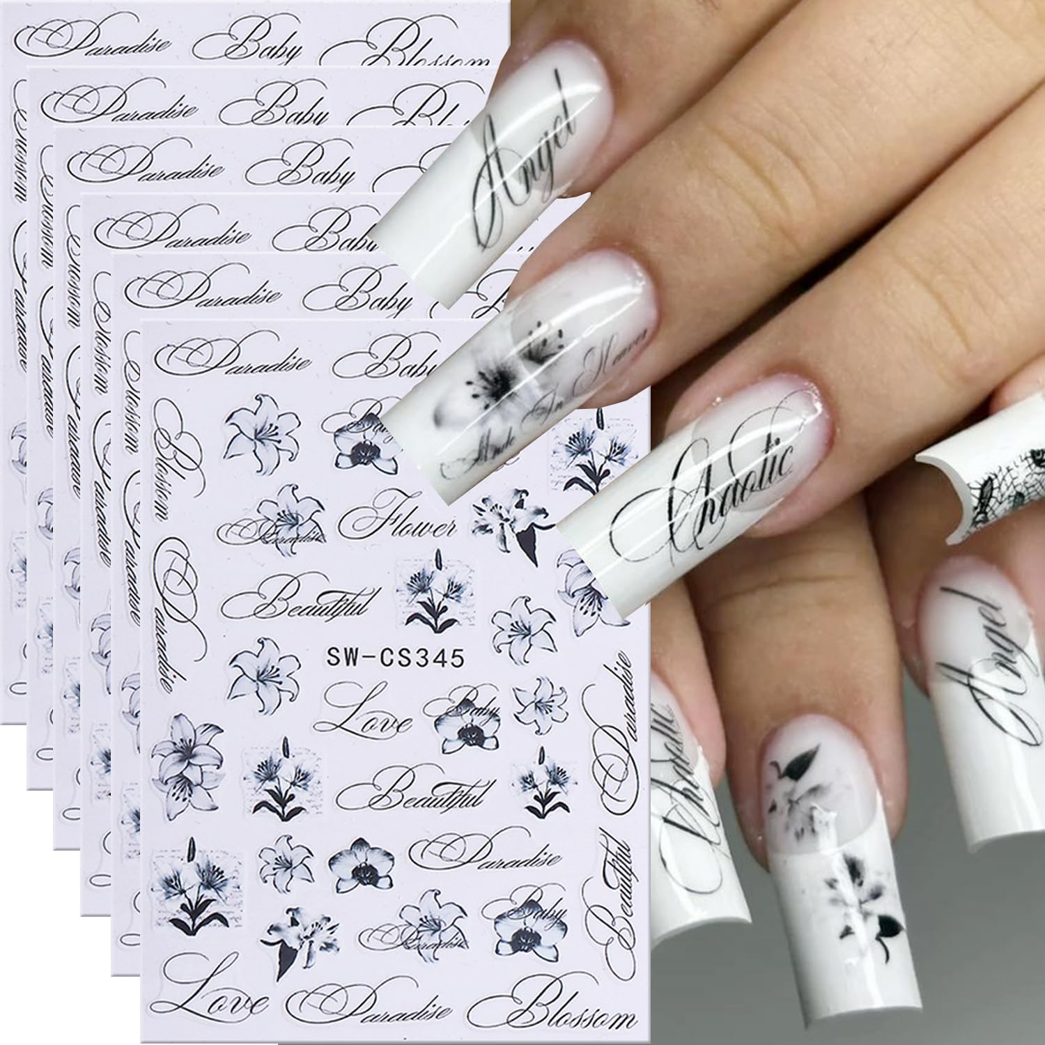 6 sheets black and white 3D embossed nail stickers with floral and letter patterns - 3