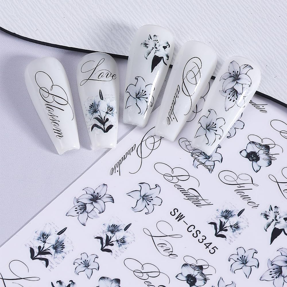 6 sheets black and white 3D embossed nail stickers with floral and letter patterns - 4