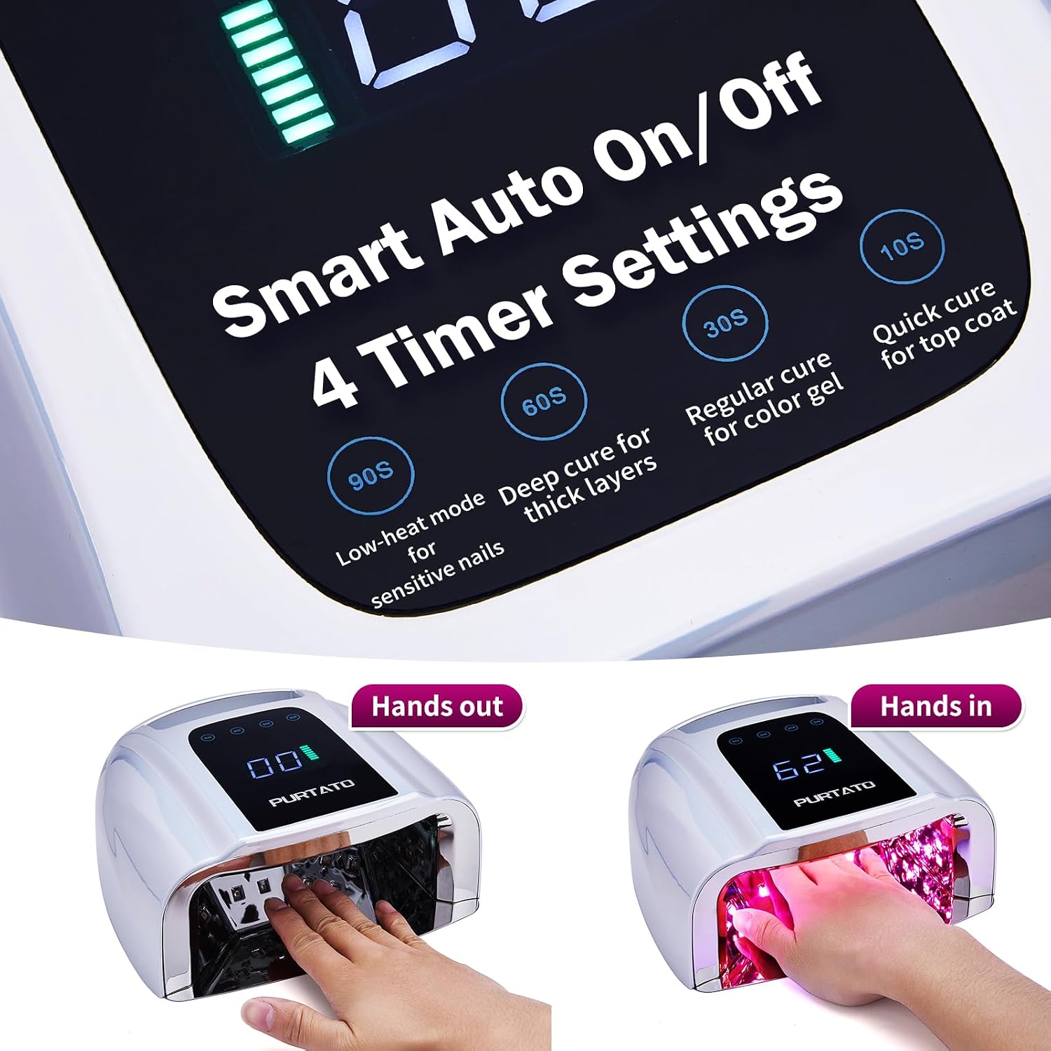 Purtato 96W cordless UV LED nail lamp with detachable stainless steel base - 3