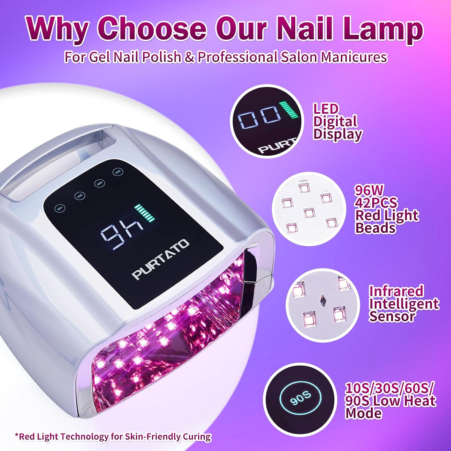 Purtato 96W cordless UV LED nail lamp with detachable stainless steel base - 4