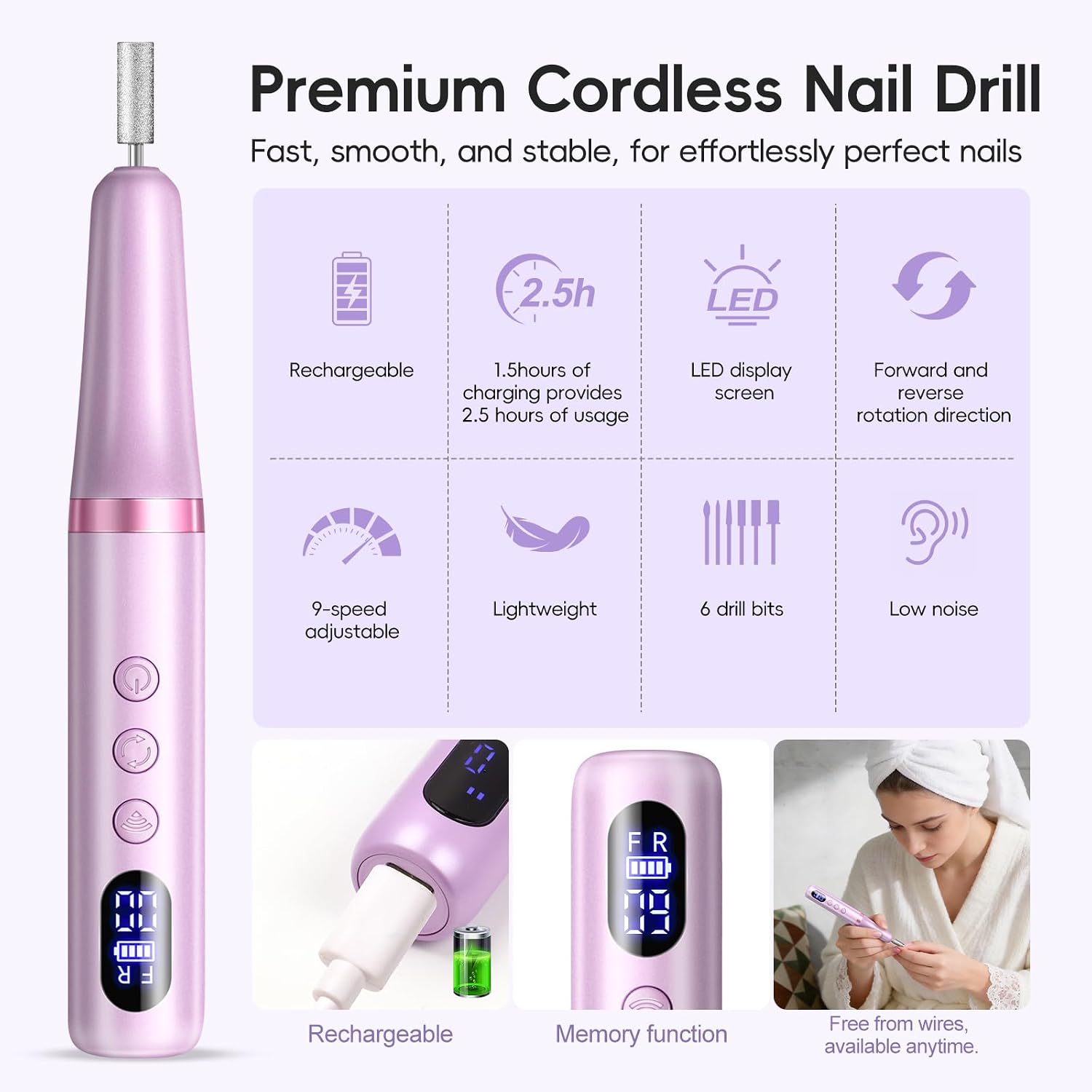 PEACECOLOR cordless electric nail drill kit with six drill bits and sanding bands - 2