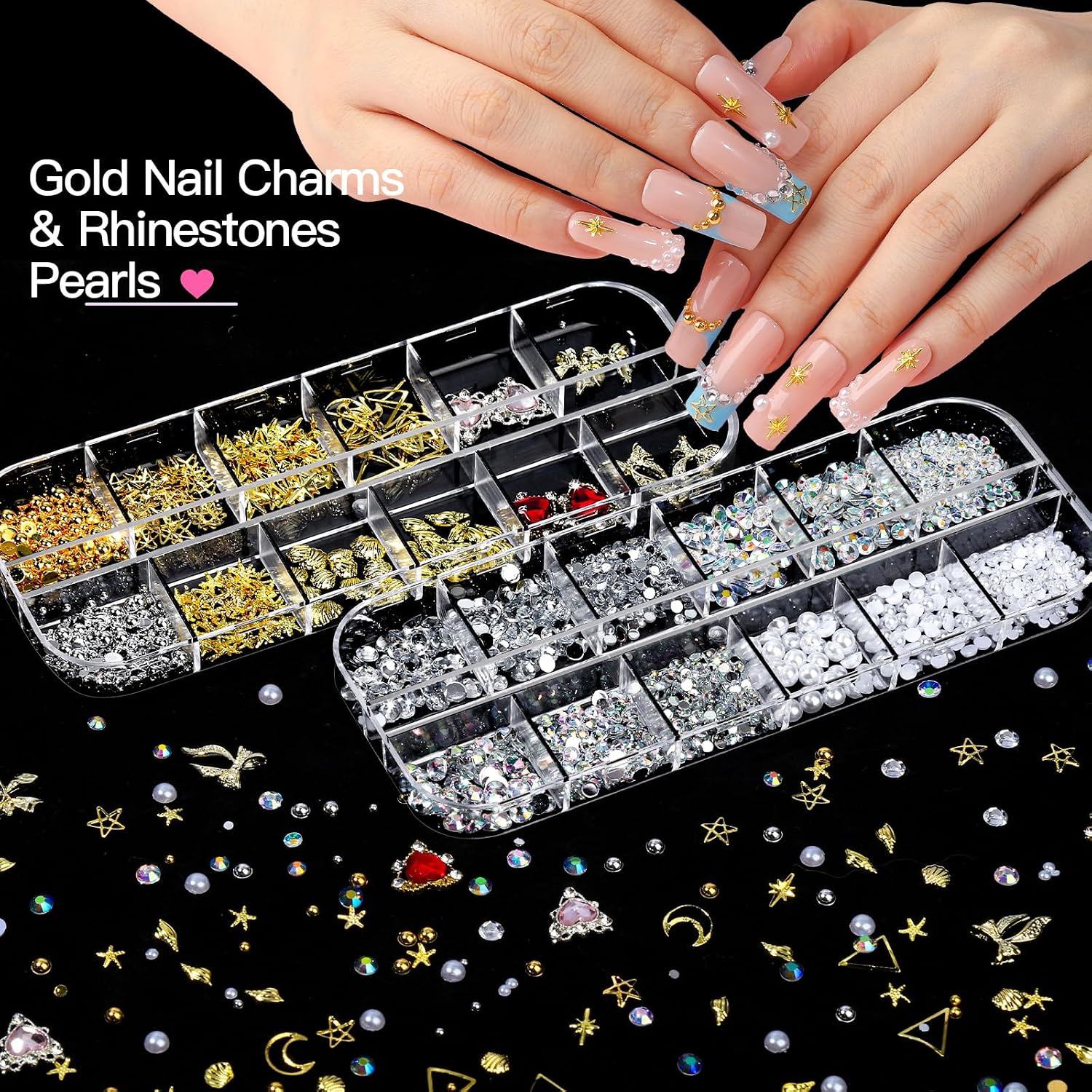 Fandamei nail art kit laid out with boxes of gems, pink magnetic nail holders, brushes, dotting pens, stickers and a tweezer - 2